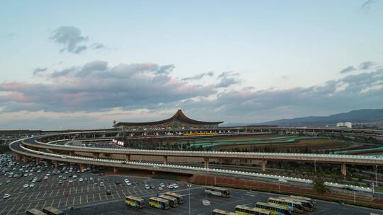 云南标志建筑昆明机场日转夜延时摄影