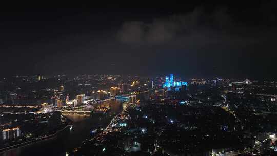 福州夜景航拍闽江之心中洲岛夜晚城市风光