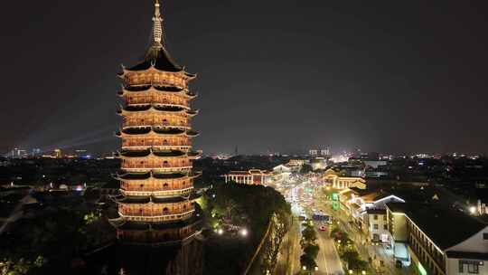 苏州古城夜景古建筑人民路北寺塔北报恩寺