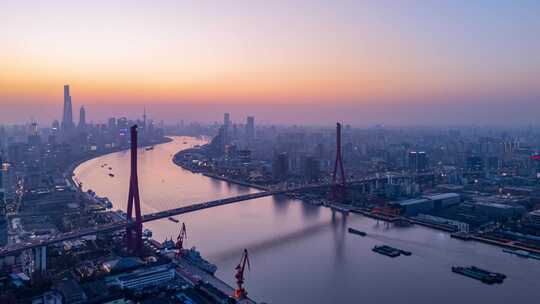 4k延时航拍上海杨浦大桥日落