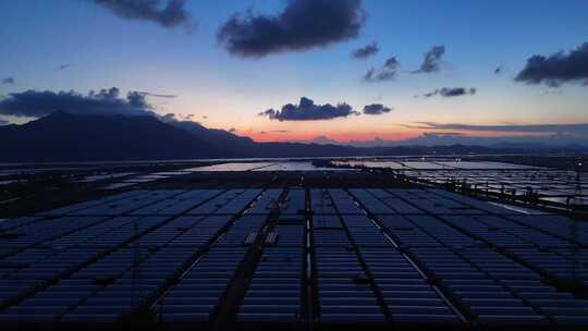 鱼塘小棚虾养殖场夜景乡村振兴航拍震撼大气