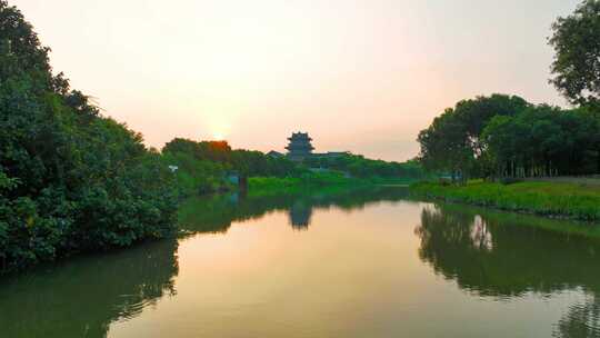 海珠湿地公园航拍广州文化馆新馆日出