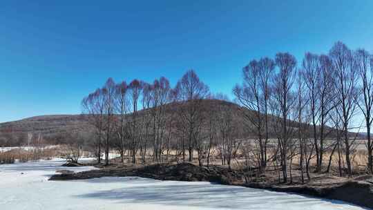 内蒙古林区冬去春来河开雪景