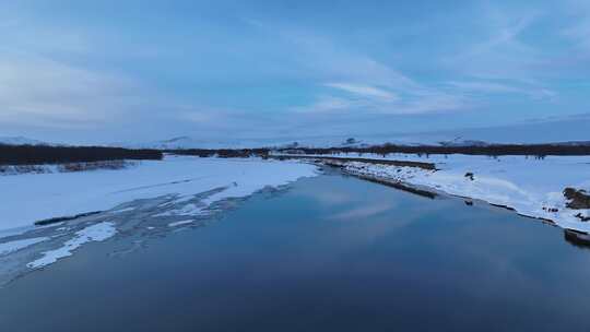 航拍海拉尔河不冻河初春雪景