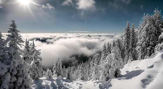 雪山云雾森林阳光树林远山峰大自然生态风景