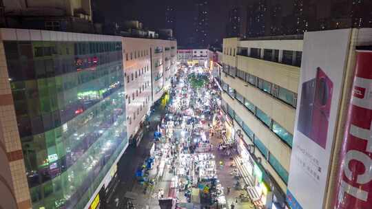 城市夜景夜市摊人流航拍移动延时