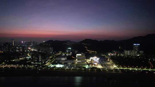 广东珠海城市晚霞夜幕降临夜景灯光航拍