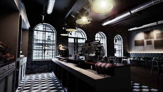 现代咖啡馆的黑白方格地板