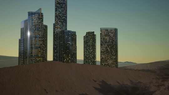 4K 沙漠中的城市 夜晚的摩天大楼