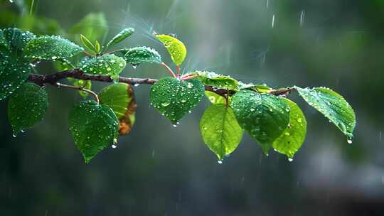 下雨天树叶子雨露露水雨滴唯美ai素材春天视频素材模板下载