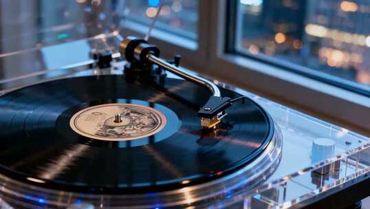 透明唱片机播放黑胶唱片