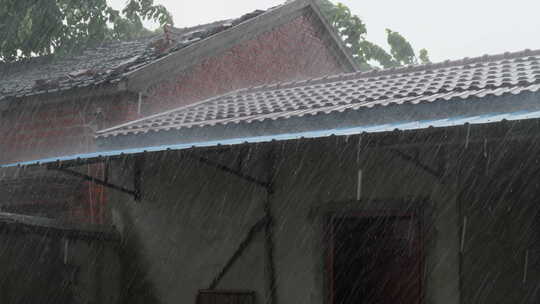 平房瓦片屋檐台风暴风雨倾盆大雨