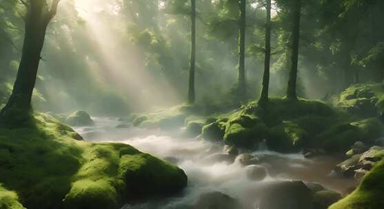 森林 溪流 小河 晨雾