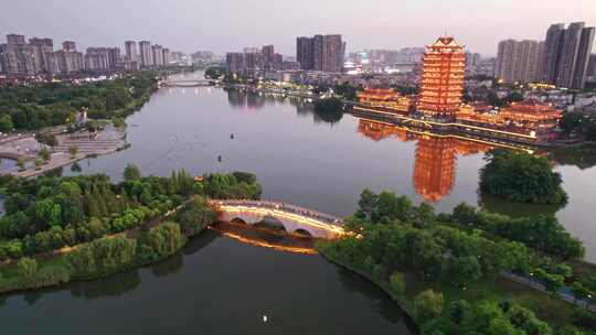 眉山远景楼和东坡城市湿地公园夜景航拍