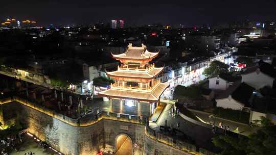 广东潮州古城下水门城楼夜景灯光航拍