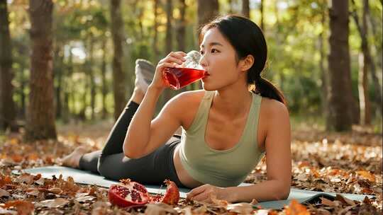 立秋女孩喝果茶健康生活方式视频