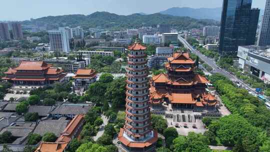 福州西禅古寺航拍城市寺庙古建筑景观风景