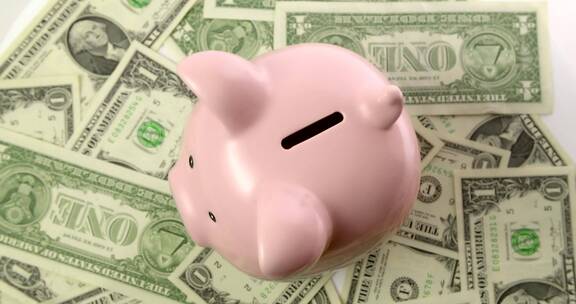 美元钞票上的小猪存钱罐顶视图
