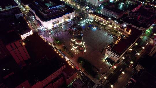 哈尔滨圣索菲亚大教堂广场夜景航拍