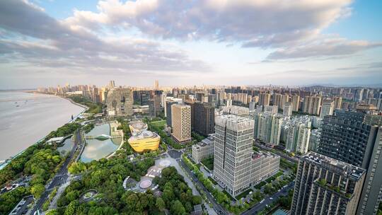 杭州滨江区城市建筑天际线傍晚到深夜延时视频素材模板下载