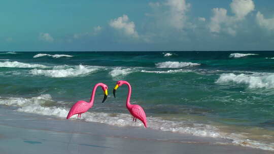 伊莎贝尔海滩上的两只塑料火烈鸟