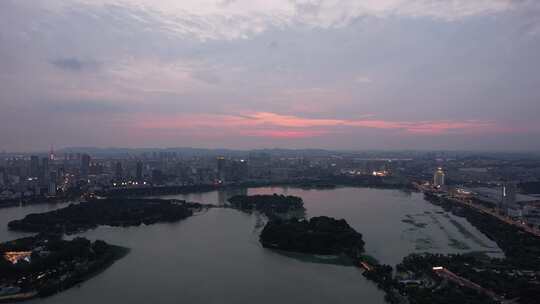 江苏南京夕阳晚霞夜幕降临夜景灯光航拍