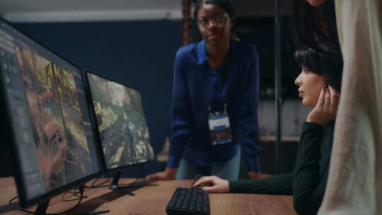 三位不同种族和民族的女性在游戏开发公司团队IT专家工作