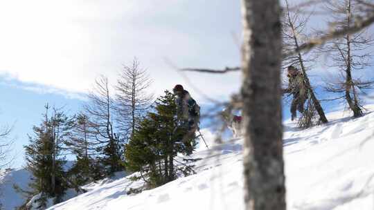 女人和一只狗从山上的雪山上跑下来