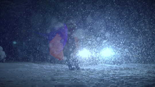 快乐的女性在雪中跳舞冬天的天气在晚上