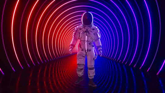 霓虹灯发光隧道和宇航员步行环