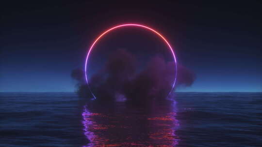 霓虹灯发光框架和云与夜间海洋背景循环