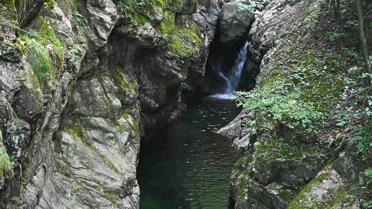 夏天森林里岩石小溪溪流瀑布流水