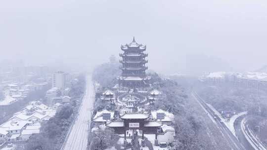 航拍武汉黄鹤楼大雪雪景古建筑历史文化古迹