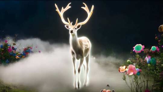 梦幻发光鹿于花丛雾霭中