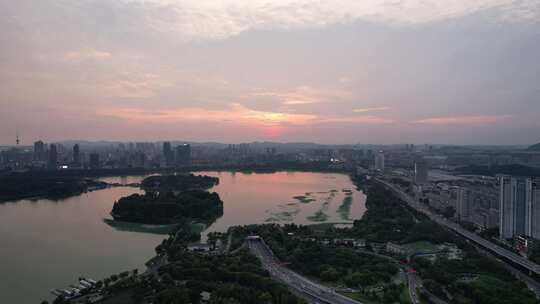 江苏南京夕阳晚霞夜幕降临夜景灯光航拍