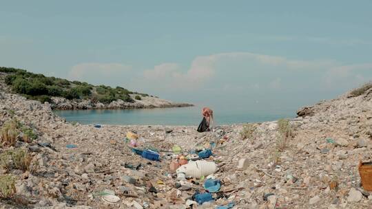 女人在清洁海滩垃圾 