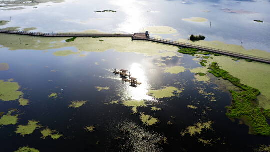 波光粼粼的湿地湖泊游船