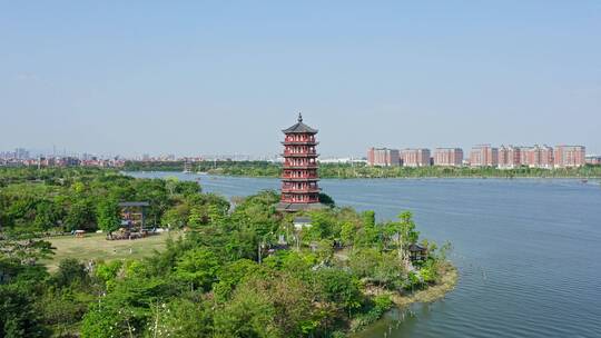 东莞航拍华阳湖湿地公园华阳塔前进