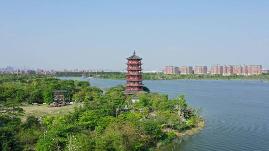 东莞航拍华阳湖湿地公园华阳塔前进视频素材模板下载