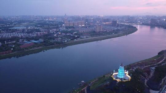 航拍湖南衡阳来雁塔-湘江城市风光