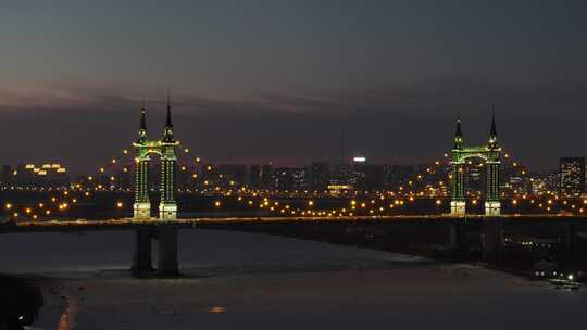 哈尔滨松花江阳明滩大桥夜景航拍