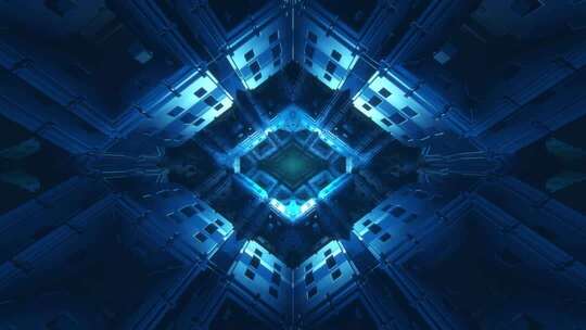 8K科幻蓝色未来机械隧道与核心光芒背景