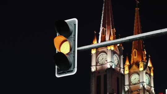 宁波药行街天主教堂和红绿灯空镜头视频素材模板下载