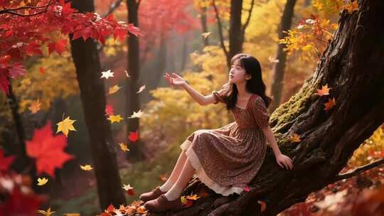 女孩坐于枫树下伸手接落叶