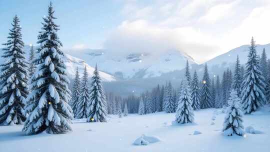 加拿大冬季雪地雪松雪山雪景4k舞台粒子活动背景