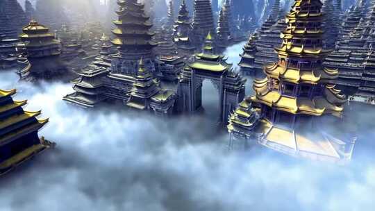 古风云端中式建筑群场景