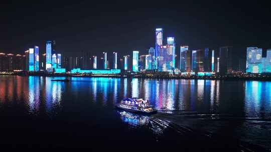 长沙夜景轮船灯光秀视频素材模板下载