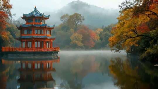 秋季山水间中式楼阁风景