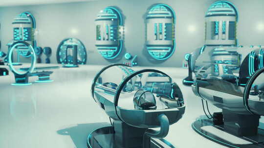 充满圆形镜子的未来实验室