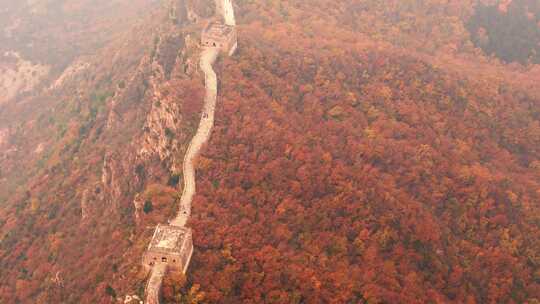 北京秋天司马台长城群山红叶大气航拍